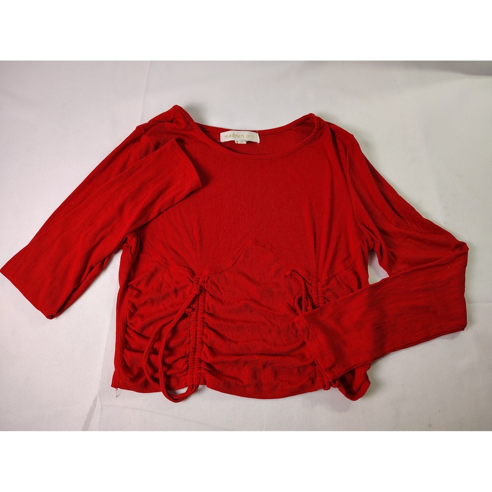 Madden Girl Red Ribbed Ruched Crop Top Long Sleeve Coquette Y2K Going Out Sz L